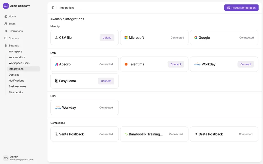 Integrations settings with identity, LMS, HR, and compliance connectors
