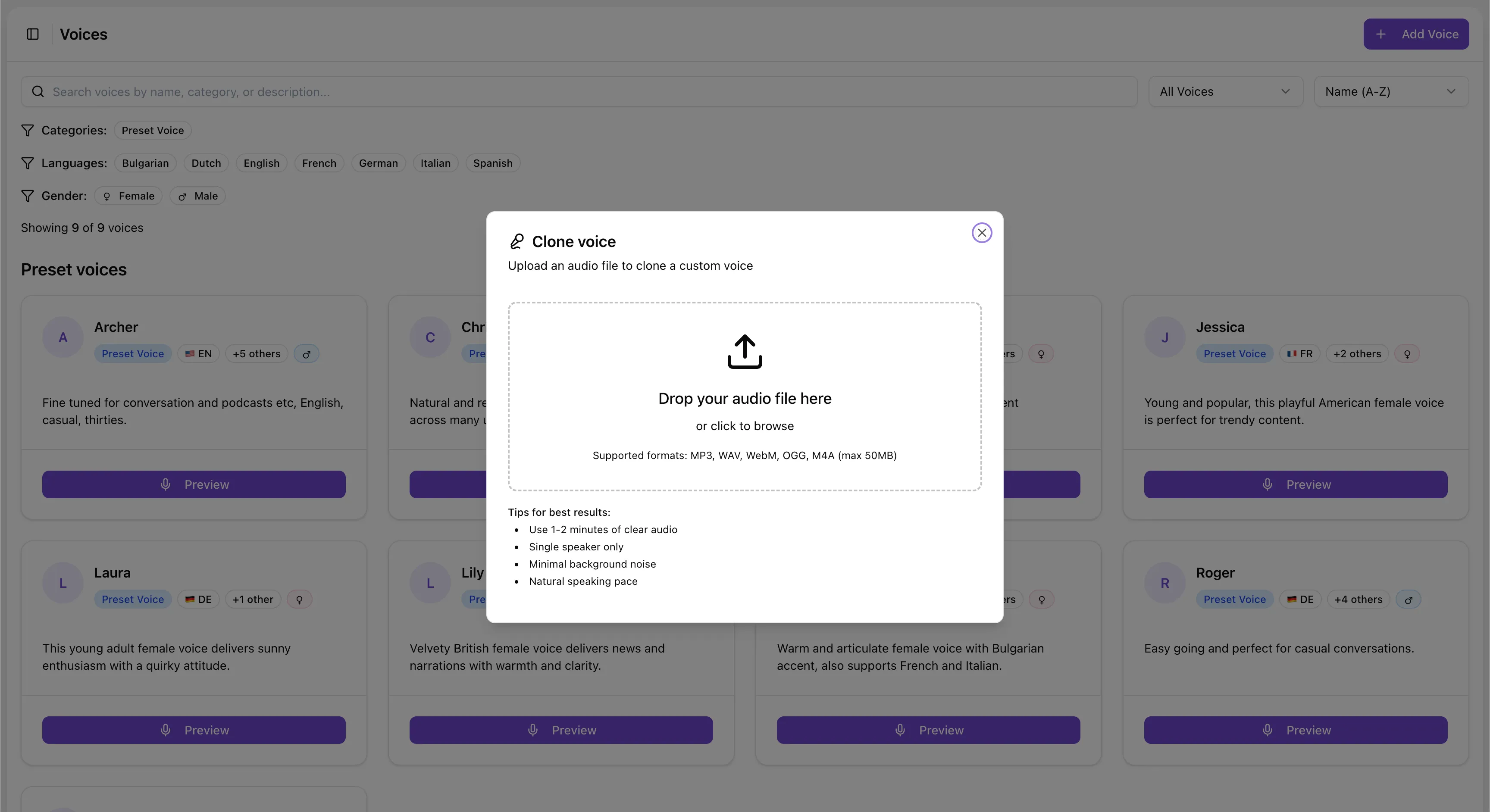Uploading a short audio sample to clone a voice